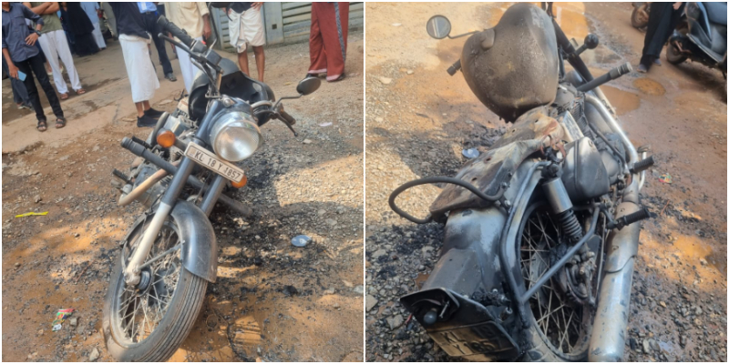 two wheeler catch fire just before ride, couple narrowly escaped 