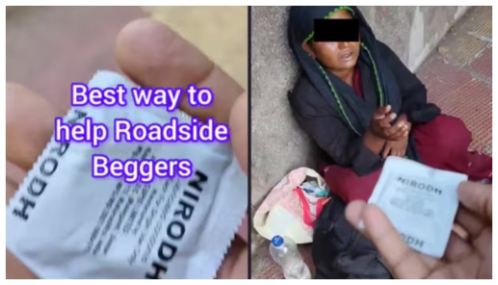 young man gives condom to woman who begged with baby