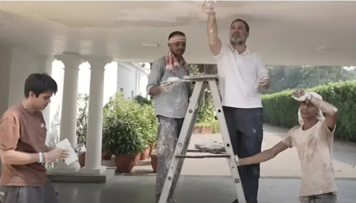 Rahul Gandhi and Raihan Gandhi Vadra join with painting workers during when the country celebrated Diwali