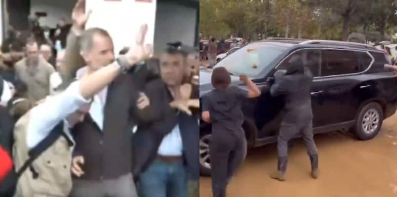 people throw mud at spanish king queen and PM when visited flood hit town 