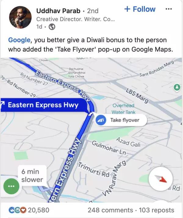 Thane man calls for Diwali bonus for person behind Google Maps' 'take flyover' pop-up; see VIRAL LinkedIn post shk