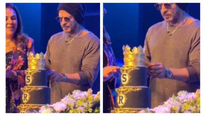 shah rukh khan's 59th birthday cake featured a golden crown and three tier cake