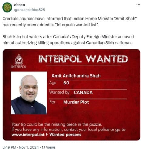 Fact Check: Is HM Amit Shah on Interpol's wanted list? Pakistanis' big lie amid Canada allegations exposed snt