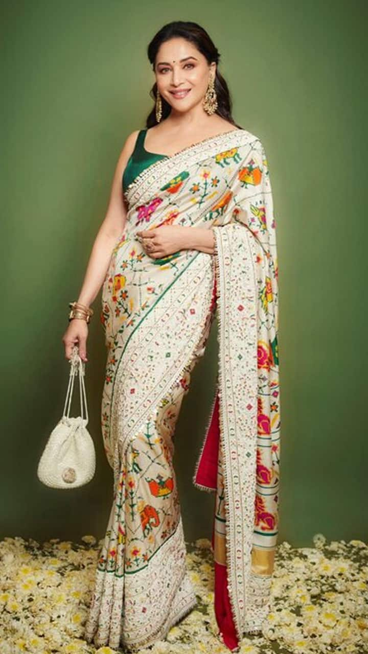 8 Madhuri Dixit Inspired Printed Saree Designs for Office and Parties mrq