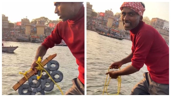 Video of young man collecting coins from Ganga using magnet goes viral