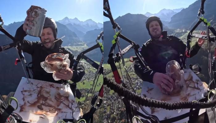 chef making chocolate bunny while paragliding video 