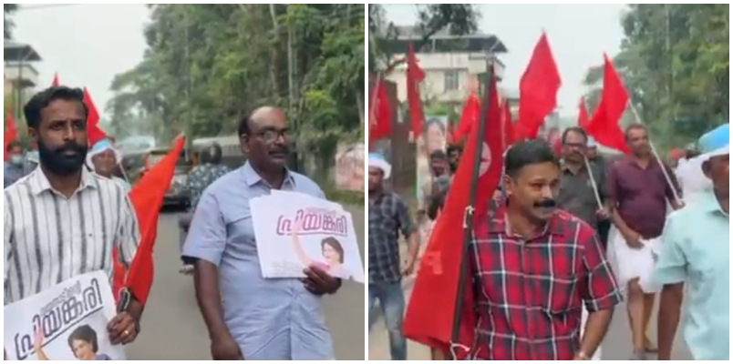 Seeking votes for Priyanka gandhi with a red flag RYF Red Squad