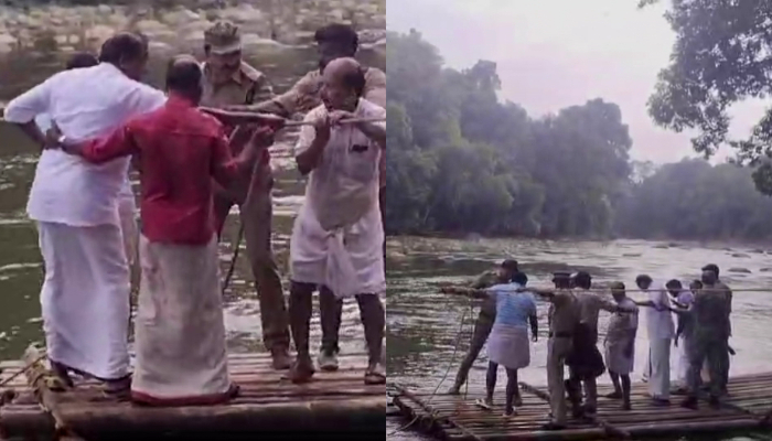 Minister OR Kelu and LDF leaders got stuck in the wooden raft while crossing Punnapuzha later rescued