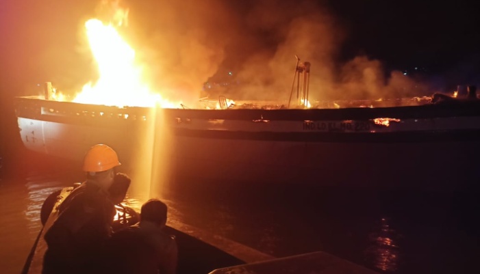 two injured due to a blaze erupted from engine inside an anchored boat 