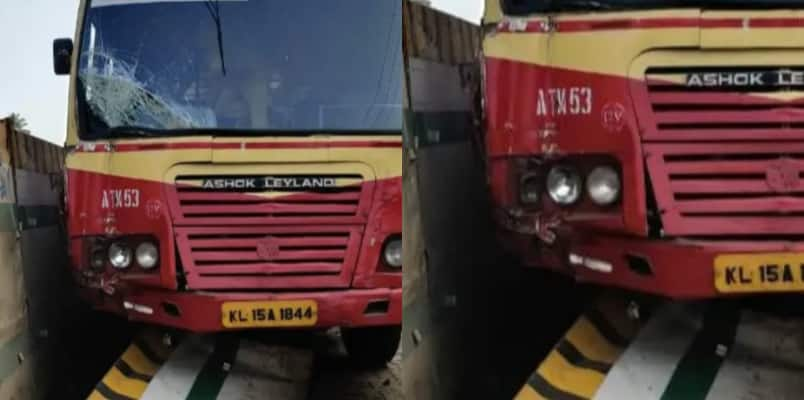 ksrtc bus hits barricade in alappuzha national highway