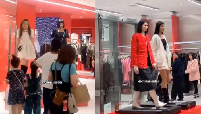 models walking in treadmills in Chinese mall video  