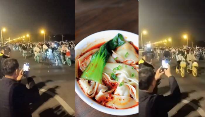 thousands of people ride bike to city of Kaifeng to have soup dumplings causes traffic block 