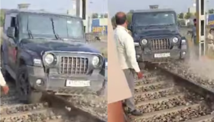 Drove Mahindra Thar into railway track for shooting reals but failed to get back when train arrived