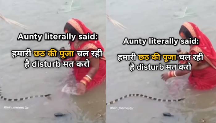 snake slithers during Chhath Puja rituals woman stays calm video 