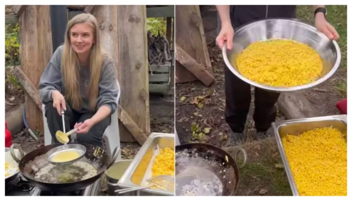 german woman making boondi for laddu viral video 