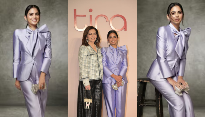 isha ambani wore a custom giorgio armani satin suit for tira flagship store launch