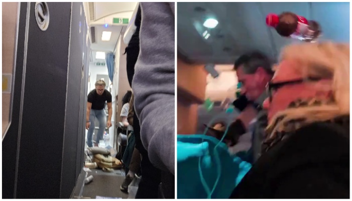 passengers thrown away from seats bags and food articles fly along as flight fall on air turbulence