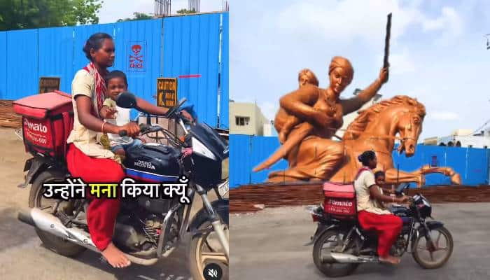 zomato delivery agent riding bike with her child video 