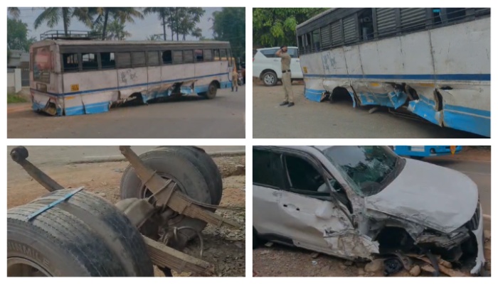 car hit from opposite direction and the tires of the KSRTC bus were shaken along with the axle