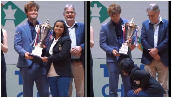 Indian chess star Bristy Mukherjee touches grandmaster Magnus Carlsen's feet; heartwarming gesture wins hearts (WATCH)