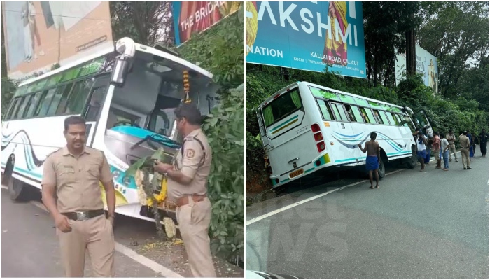 bus carrying sabarimala pilgrims got stuck in ditch at thamarassery churam