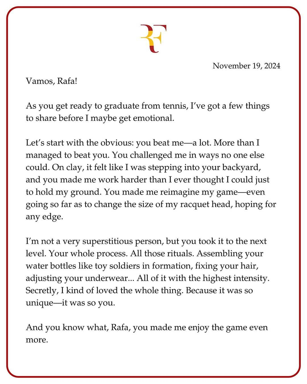 tennis Retiring Rafael Nadal gets emotional farewell note from 'fan' Roger Federer; read Swiss legend's 3-page letter snt