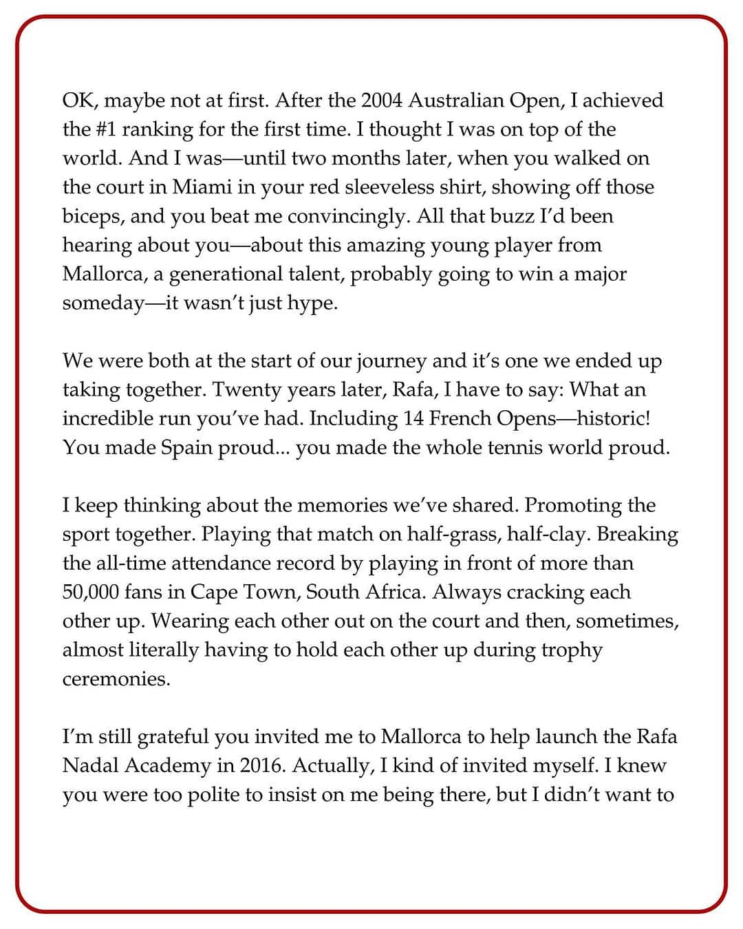 tennis Retiring Rafael Nadal gets emotional farewell note from 'fan' Roger Federer; read Swiss legend's 3-page letter snt