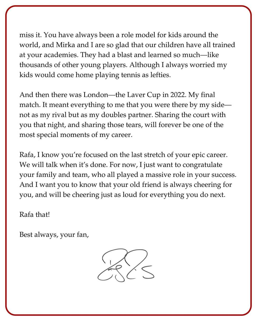 tennis Retiring Rafael Nadal gets emotional farewell note from 'fan' Roger Federer; read Swiss legend's 3-page letter snt