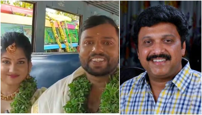 Transport Minister K B Ganesh Kumar congratulated newlyweds amal and abhijitha love story in KSRTC Bus