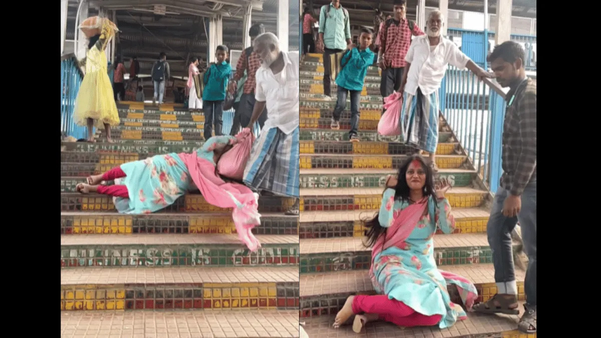 Elderly man rushes to save woman falling from stairs at railway station. But there's a twist (WATCH) shk