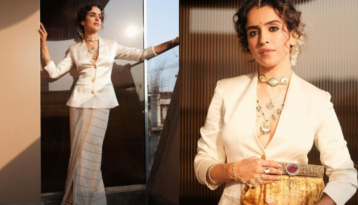 Sanya Malhotra Fusion Hit Kasavu Saree Skirt with Blazer