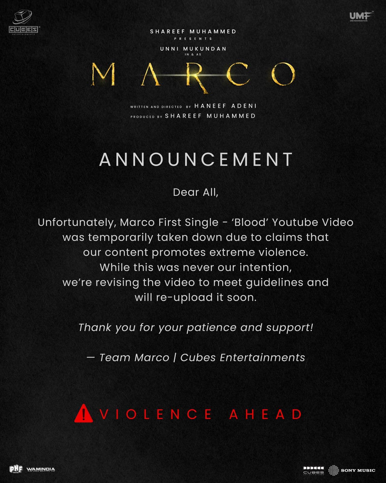 youtube banned unni mukundan movie marco first single because of extreme violence  