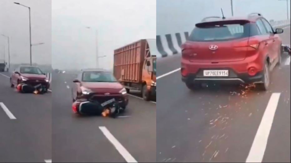 Hyundai i20 Car driver hits scooter drags it for a kilometers Video viral