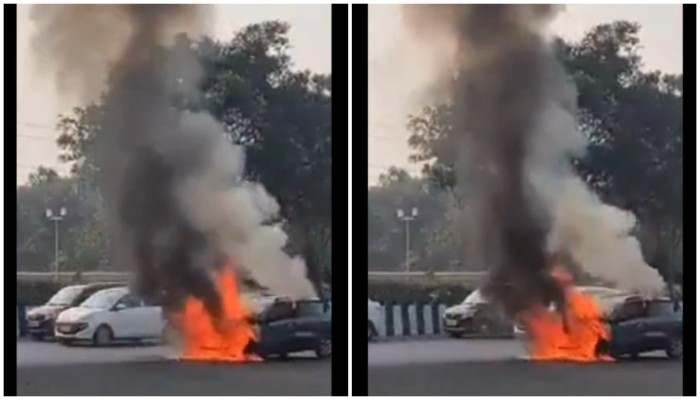 Moving car catches fire under Mahamaya flyover in Noida Sector 16, burnt to ashes (WATCH) shk