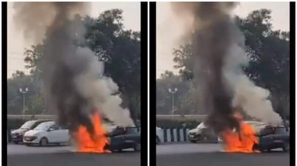 Moving car catches fire under Mahamaya flyover in Noida Sector 16, burnt to ashes (WATCH) shk