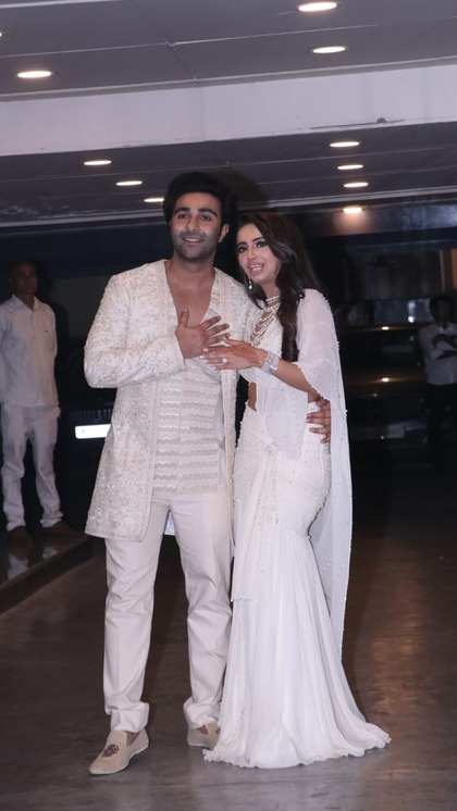 Aadar Jain poses with fiancée Aalekha Advani at their roka.