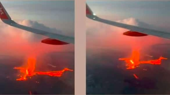 Volcano erupts in Iceland Amazing scene captured from plane window