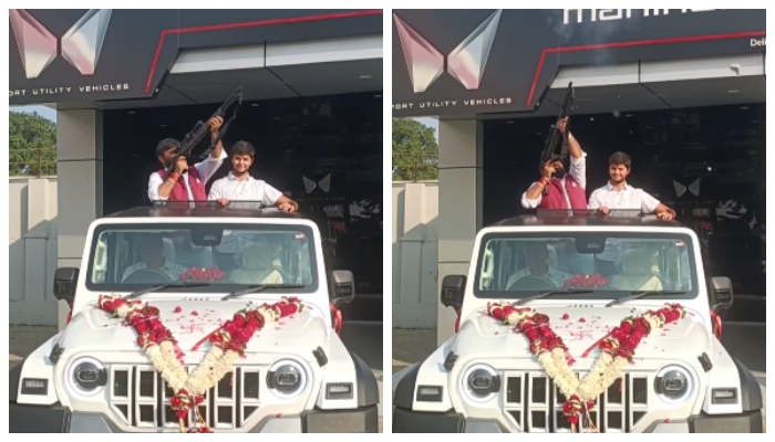 video of a man shoots in the air in delight of buying a new Mahindra Thar gone viral