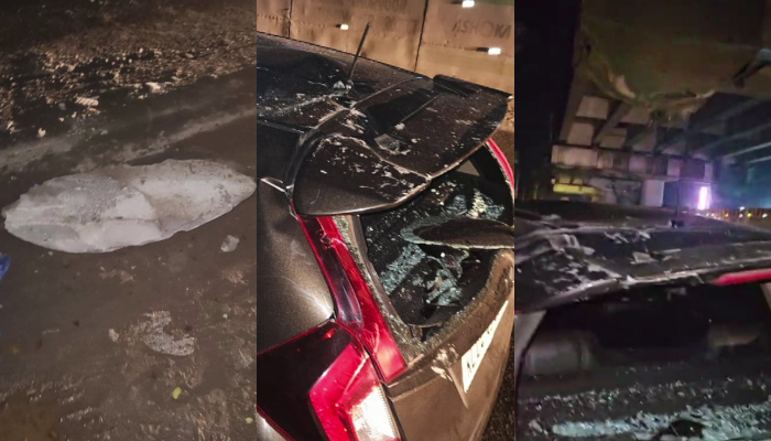 concrete layer fell on top of the car while traveling aroor- thuravoor elevated highway underpass at night; young man escaped unhurt