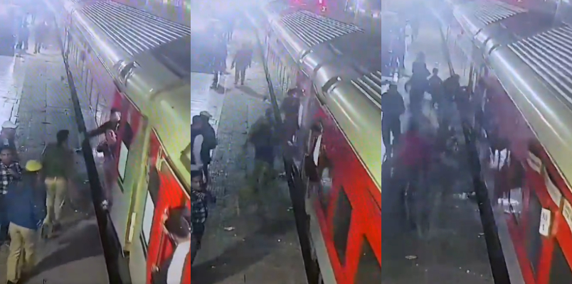 woman fell from moving train while waiting for her children to board stuck in between platform and train railway cop rescued her