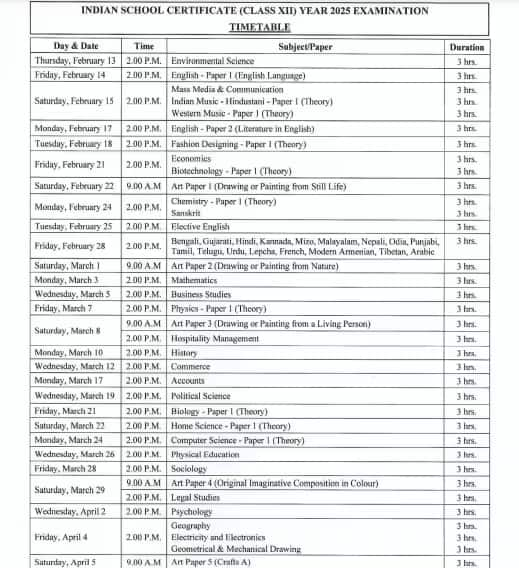 icse and isc exams 2025 date sheet released how to download ans