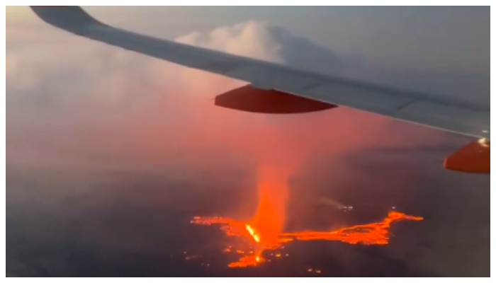 video of a volcanic eruption captured from the plane has gone viral on social media 