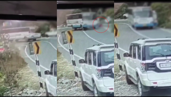 ksrtc bus accident idukki latest news CCTV footage of the tragic accident death is out While turning a sharp bend bus door opened and woman fell into road 