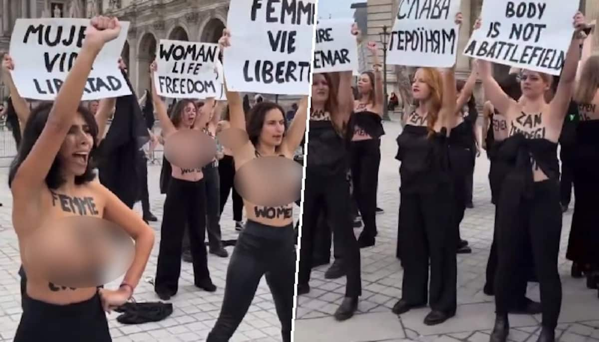 France mass rape trial: Topless women protest against gender violence in Paris; police silently watch.