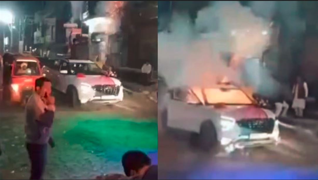 2 youths Burst Firecrackers on sunroof of the car Luxury wedding car catches fire