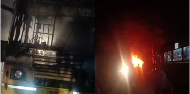 KSRTC Latest news low floor bus caught fire during the Pamba Nilackal service KSRTC suspending 4 employees