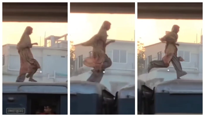 woman running from the top of a running train to the opposite side video goes viral  