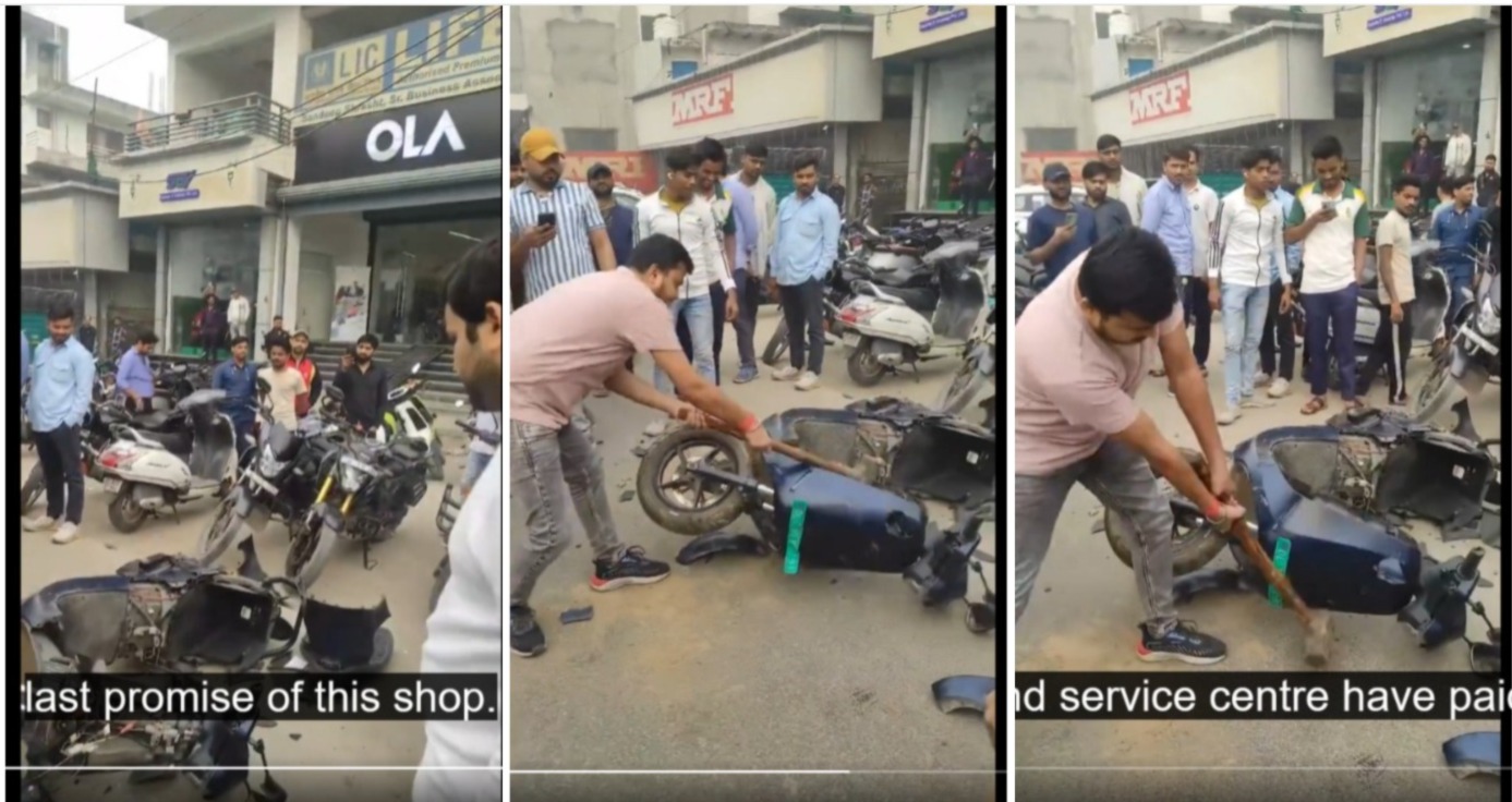 Furious man smashes new scooter with hammer in front of Ola showroom, video goes viral (WATCH) shk