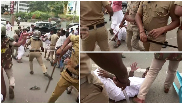 police lathi in youth congress march over wayanad landslide