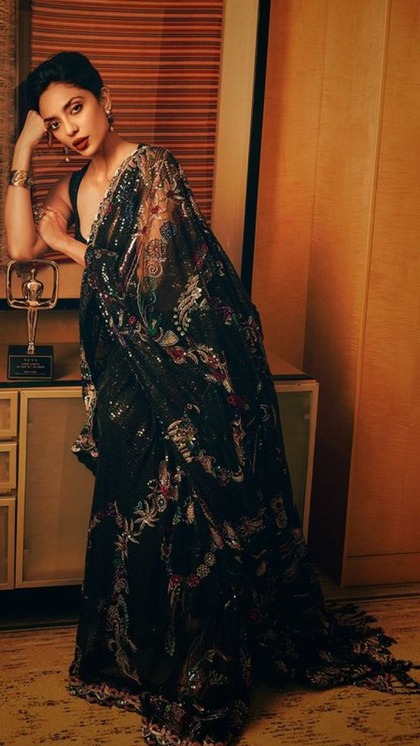 Black Thread Work Net Saree